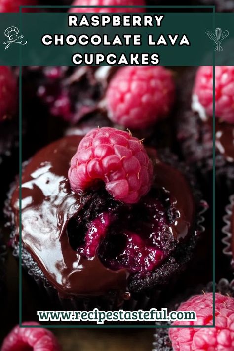 Indulge in these delightful Raspberry Chocolate Lava Cupcakes, featuring a rich chocolate base and a gooey raspberry center, topped with a luscious raspberry buttercream. Perfect for any celebration! Chocolate Lava Cupcakes, Lava Cupcakes, Chocolate Raspberry Cupcakes, Raspberry Cupcakes, Raspberry Buttercream, Raspberry Chocolate, Raspberry Preserves, Raspberry Recipes, Filled Cupcakes