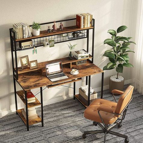 Study Room Organization, Computer Table Design, Office Desk With Storage, Office Rustic, Elegant Home Office, Desk Workstation, Brown Desk, Computer Desks For Home, Desk With Hutch