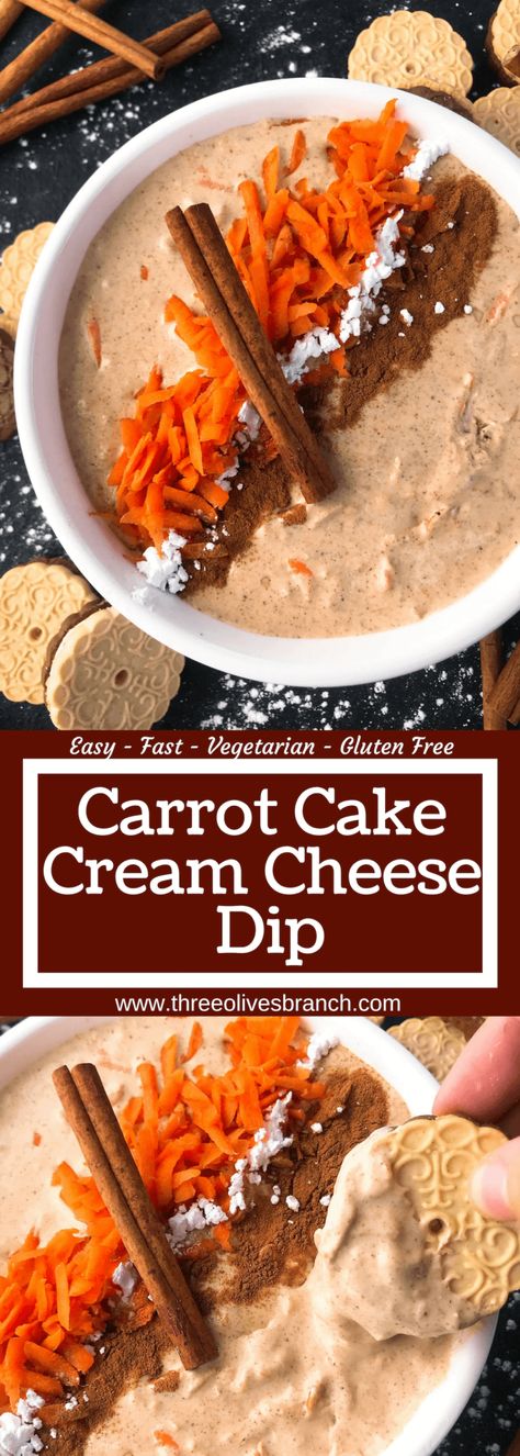 Simple and easy Carrot Cake Cream Cheese Dip recipe ready in 5 minutes. Fast spring or Easter dessert that is vegetarian and gluten free. #easterrecipes #easterdessert #carrotcake Carrot Cake Dip, Carrot Cake Cream Cheese, Easter Carrot Cake, Cream Cheese Recipes Dip, Cheese Dip Recipe, Cake Dip, Cream Cheese Dip, Gluten Free Carrot Cake, Party Bites