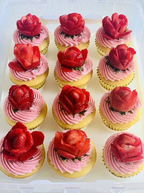 Strawberry Rose Cupcakes, Strawberry Themed Cupcakes, Golden Bachelor, Strawberry Shortcake Cupcake, Graduation Treats, Strawberry Rose, Treat Table, Rose Cookies, Aesthetic Foods