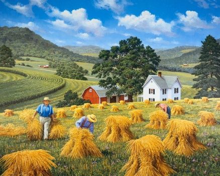 Jigsaw Puzzle | Hilltop Harvest | 195 pieces | Jigidi Countryside Landscape, Farm Art, Farm Scene, Country Scenes, Down On The Farm, Mosaic Diy, Naive Art, Country Farm, Summer Prints