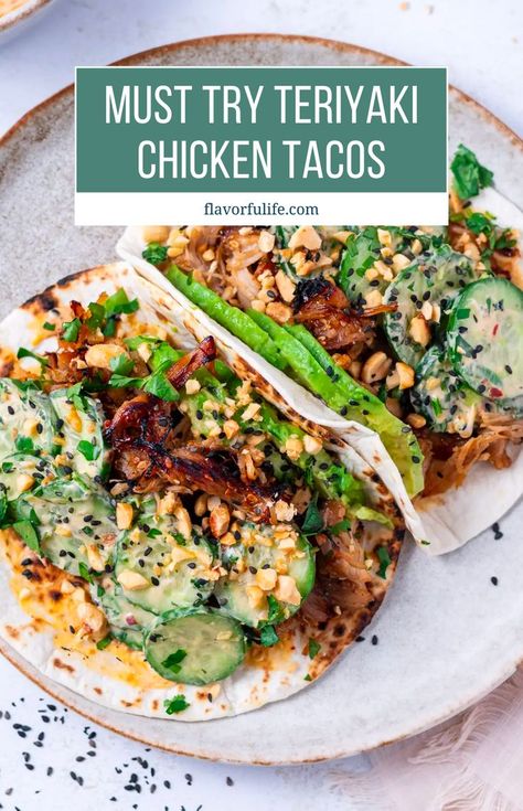 Try these creamy cucumber and avocado teriyaki chicken tacos for a twist this taco tuesday! A creamy sesame cucumber ‘slaw’ of sorts piled on top of sweet chili teriyaki chicken? IT WORKS. And is so good. Let's make these teriyaki chicken tacos together! Shredded Chicken Teriyaki, Teriyaki Tacos, Teriyaki Chicken Tacos, Teriyaki Recipes, Cucumber Slaw, Teriyaki Recipe, Shredded Chicken Tacos, Chicken Teriyaki Recipe, Chicken Taco Recipes