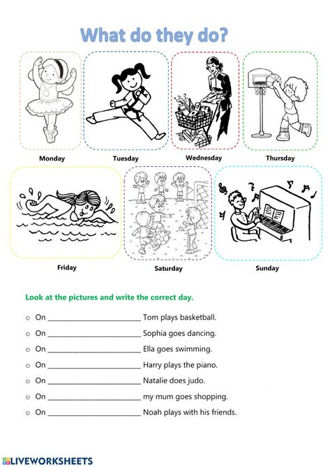 Ejercicio de Days of the week and activities Days Of The Week Activities Worksheets, Free Time Activities Worksheets, Days Of Week Worksheet, Esl Days Of The Week, Days Of The Week Printables, Days Of The Week Worksheet, Days Of The Week Activities, English Activity, Reading Comprehension For Kids