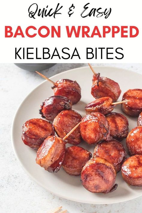 You won't believe that an appetizer this simple can taste so good! That's right, these bacon-wrapped kielbasa bites, coated in brown sugar, are addictively good and only require 3 ingredients. Get the recipe at yourbetterkitchen.com. Kielbasa Bites Recipe, Bacon Wrapped Kielbasa Bites, Bacon Wrapped Kielbasa, Meaty Appetizers, Kielbasa Bites, Bacon Wrapped Sausages, Bacon Wrapped Jalapeno Poppers, Kielbasa Recipes, Easy Bacon