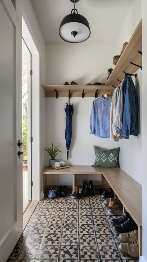 Inexpensive Mudroom Ideas, Mudroom Shelf With Hooks, Small Mudroom Addition, Mud Room Ideas Corner, Small Mud Room Drop Zone, Entryway Bench And Storage, Small Entry Organization, Split Level Mudroom, Mudroom Shoe Cabinet