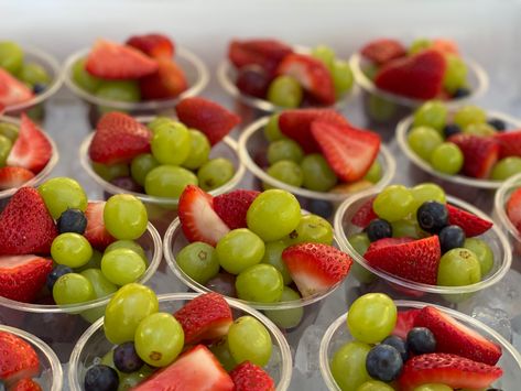 Individual fruit cups for summer parties. We placed these in a blow up tabletop buffet cooler. Individual Fruit Cups Ideas Party Snacks, Fruit Individual Servings, Individual Apps In Cups, Small Fruit Cups, Individual Fruit Cups Ideas, Individual Appetizers In A Cup Party Ideas, Individual Fruit Cups For Party, Charcuterie Cups For Kids, Individual Appetizers In A Cup