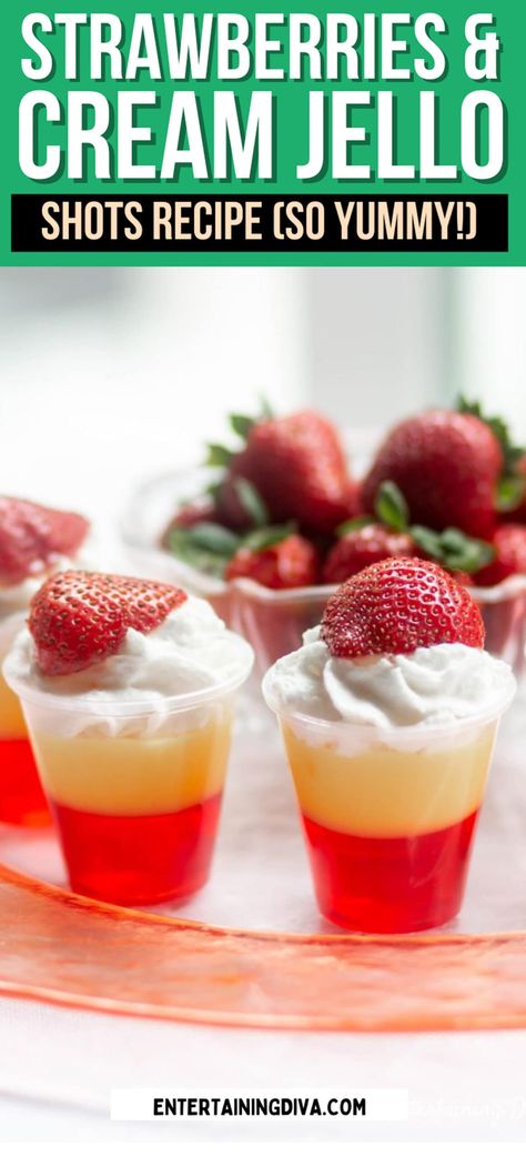 Strawberries and Cream Layered Jello Shots | Bachelorette Party Jello Shots Cream Jello Shots, White Jello, Cream Jello, Making Jello Shots, Champagne Jello Shots, Best Jello Shots, Jello Shots Vodka, Jello Shots Recipe, Whipped Vodka