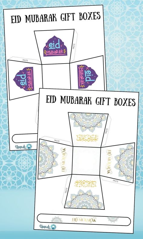 Free Printable Eid Mubarak Gift Boxes Eid Bunting, Eid Activities, Eid Boxes, Holiday Crafts Gifts, Eid Mubarak Gift, Joy Of Giving, Eid Crafts, Ramadan Activities, Eid Cards