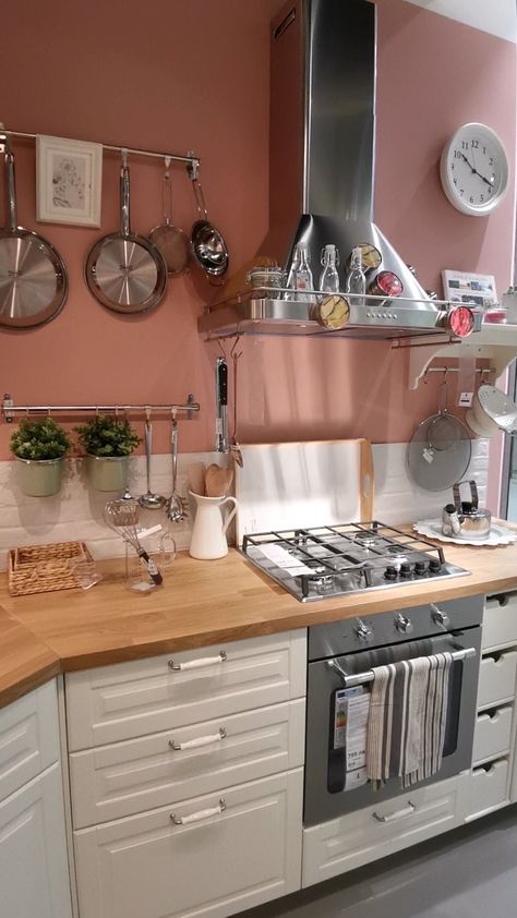 Blush Kitchen Walls, Pink Kitchen Walls White Cabinets, Pink Walls In Kitchen, Pink Kitchen White Cabinets, Pink Walls Kitchen Ideas, Pink And Cream Kitchen, Ikea Hood, Painted Wall Kitchen, Pink Walls Kitchen