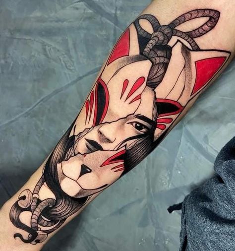 #tattoo #tattooart #kitsune #japanesetattoo #kitsunemask #asian Japanese Kitsune Mask Tattoo, Tattoo Japon, Kitsune Mask Tattoo, Kitsune Tattoo, Around Arm Tattoo, Calf Leg, Tattoo Concepts, Persona 5 Anime, Kitsune Mask