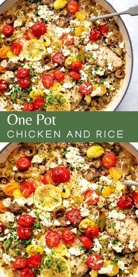 Greek Chicken And Lemon Rice One Pot, One Pot Mediterranean Chicken And Rice, Chicken And Veggies Over Rice, Chicken Feta Rice Recipes, Roman Chicken Recipe, Greek Chicken And Rice Bake, Greek Chicken And Rice Casserole, One Pot Greek Chicken And Rice, Heart Healthy Rice Recipes