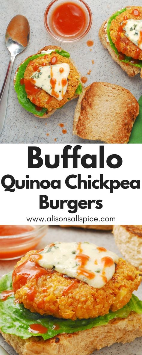 Buffalo Quinoa, Vegetarian Buffalo, Vegetarian Burger Recipe, Quinoa Veggie Burger, Veggie Burger Recipe, Chickpea Recipe, Buffalo Chickpea, Recipe Quinoa, Chickpea Burgers