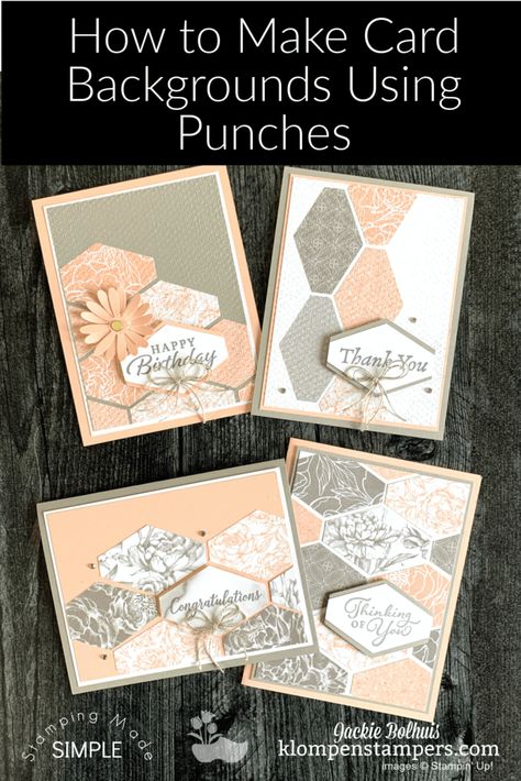 I’ve got the best craft punch for making simple cards! Mix it with some beautiful designer paper or scrapbook paper and you create different looks for different cards. I’m sharing bonus handmade cards too. Learn more at www.klompenstampers.com #craftpunchcards #cardmakingideas #papercraftpunches #cardmakingtutorials #handmadecards #greetingcardshandmade #tailoredtagpunchstampinup #happythoughtsstampinup #jackiebolhuis #klompenstampers Stampin Up Anleitung, Hexagon Cards, Designer Paper Cards, Card Background, Craft Punches, Best Craft, Designer Paper, Card Making Tutorials, Punch Cards