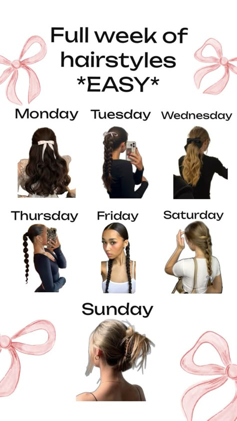 This is a full week of hairstyles! *Easy version* Comment if you want any types of hairstyles (Hard, Braids, Dreadlocks) Feel free to save this!!💗💗 School Hair Ideas, Hair Styles For School, Styles For School, Preppy Hairstyles, Hairstyle Examples, Hair For School, Cute Hairstyles For School, Easy Hairstyles For Thick Hair, Easy Hairstyles For School