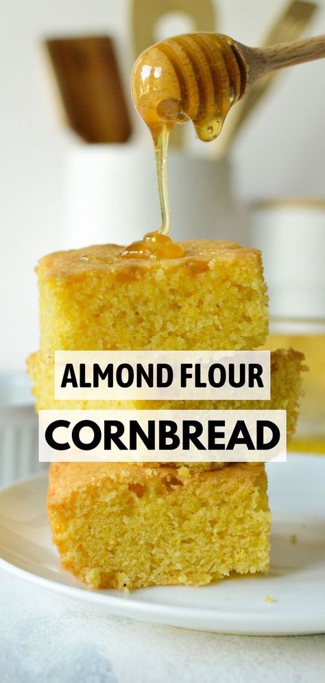 a stack of gluten free cornbread Almond Flour Cornbread, Gluten Free Cornbread Muffins, Gluten Free Cornbread Recipe, Easy Cornbread Recipe, Almond Flour Muffins, Almond Flour Bread, Gluten Free Cornbread, Baking With Almond Flour, Homemade Cornbread