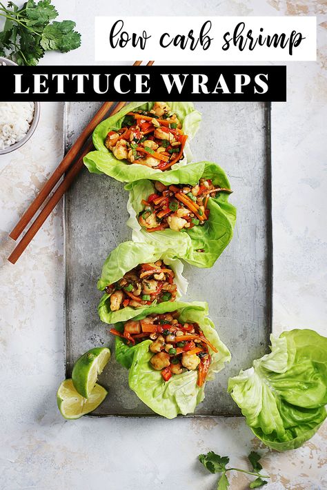 A delicious recipe for healthy & Low Carb Shrimp Lettuce Wraps. So easy to make it comes together in about 20 minutes! Say goodbye to take-out with these Asian Lettuce Wraps. Healthy Light Lunches, Thai Chicken Lettuce Wraps, Shrimp Wraps, Chicken Lettuce Cups, Shrimp Lettuce Wraps, Lettuce Wraps Recipe, Asian Lettuce Wraps, Chicken Lettuce Wraps Recipe, Beef Lettuce Wraps