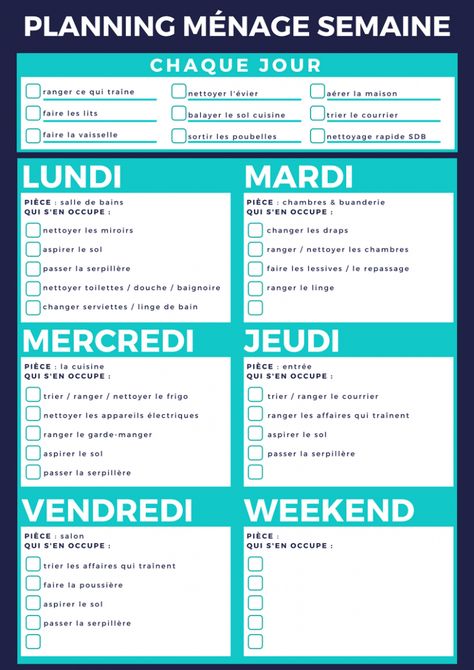 PLANNING DE MÉNAGE VIERGE À IMPRIMER (pour répartir et déléguer les tâches) Weekly Log, Organization Bullet Journal, Family Schedule, Home Organisation, Family Planning, Cleaning Checklist, Cleaning Schedule, The Plan, Clean House