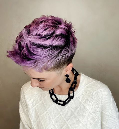 Coloured Pixie Haircut, Pixie Money Piece, Fun Pixie Hair Color, Fun Pixie Hairstyles, Undercut Hair Dye, Pixie Hair Color Ideas Funky Hairstyles, Thick Voluminous Hair, Pastel Pixie Hair, Purple Short Hair