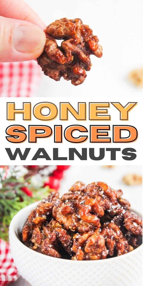 Sweet, spicy, and perfectly crunchy! These honey spiced walnuts are made in the air fryer for a quick and easy snack or topping. Ready in minutes Walnut Snacks, Walnut Recipes Healthy, Spicy Walnuts, Spiced Walnuts, Nuts Snacks, Refreshing Snacks, Walnut Recipes, Roasted Walnuts, Healthy Recipes Easy Snacks