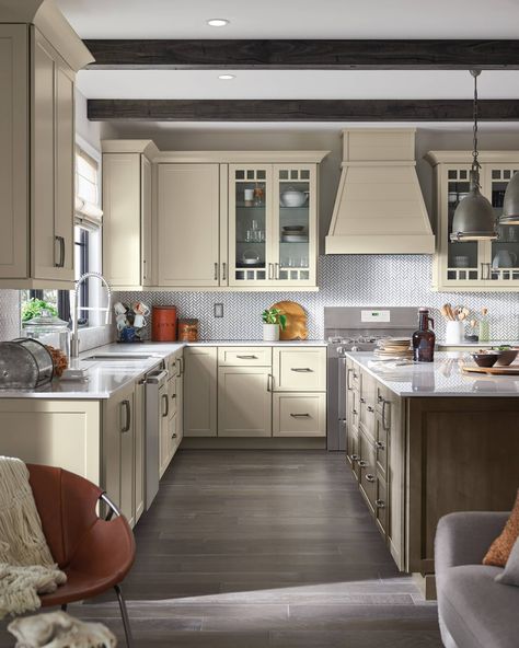 Kemper Cabinets: Transitional Kitchen with Off-White Shaker Cabinets - Transitional - Kitchen - Other - by MasterBrand Cabinets | Houzz Wood Ceiling Beams, Cabinet Solutions, White Shaker Kitchen Cabinets, White Shaker Kitchen, White Shaker Cabinets, Shaker Kitchen Cabinets, Traditional Photo, Wood Beam Ceiling, Shaker Doors