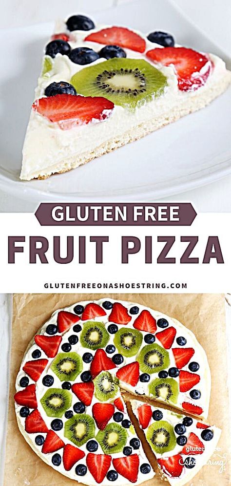 Get this tested recipe for gluten free fruit pizza: a sugar cookie crust topped with whipped cream cheese frosting, decorated with fresh fruit. Gluten Free Fruit Pizza - This recipe is as easy as it is eye catching! Beautiful and fun to make, this gluten free fruit pizza is a great dish for dessert or to bring to a potluck! Made with an easy cookie crust, covered with a whipped cream cheese filling and then topped with colorful and fresh fruit! Be sure to read my tips on how to avoid a flimsy cr Gluten Free Fruit Pizza, Cake Light, Cake Vegan, Free Fruit, Gluten Free Desserts Recipes, Fruit Pizza, Whipped Cream Cheese, Gluten Free Pizza, Gluten Free Sweets