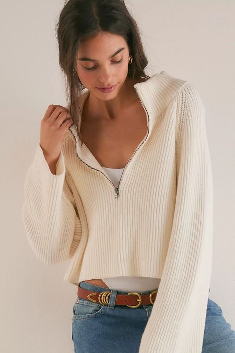 Greta Half Zip | Free People Half Zip Pullover Outfit, Timeless Sweater, Cropped Half Zip, Neutral Sweaters, Xmas List, Sweater Trends, Free People Clothing, Long Knit, Half Zip Pullover