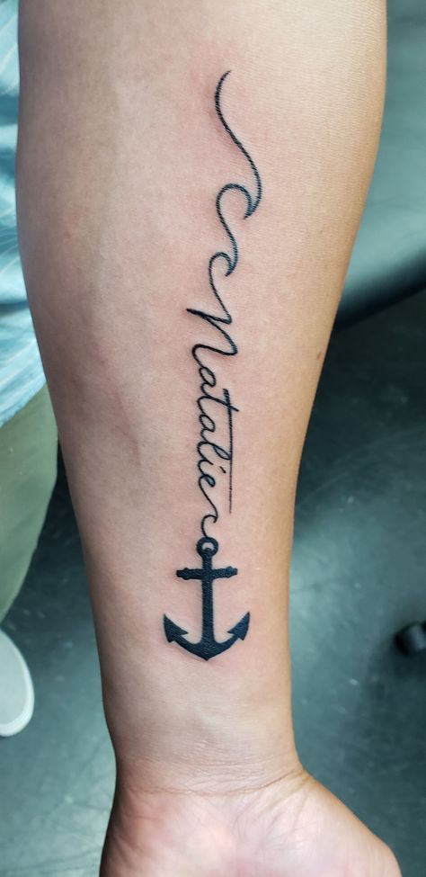 Simple name, anchor, waves tattoo Family Anchor Tattoos, Simple Anchor Tattoo, Small Anchor Tattoos, Anchor Tattoo Design, Anker Tattoo, Anchor Tattoos, Nautical Tattoo, Family Tattoo, Text Tattoo