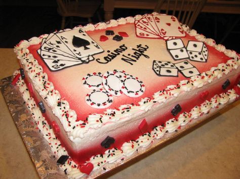 casino night - I made the cards and dice with color flow and  the poker chips of mmf.   thank for looking :) Casino Theme Sheet Cake, Casino Sheet Cake, Casino Cake Ideas, Las Vegas Theme, Kids Birthday Party Places, Casino Cake, Poker Cake, Vegas Cake, Casino Birthday