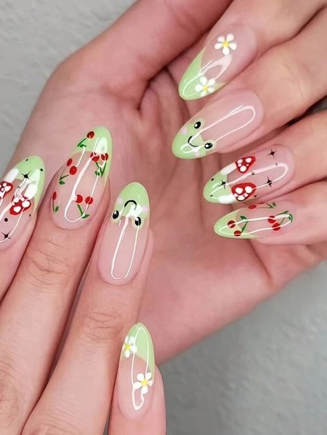 Buscar Press Nails | SHEIN Pink Flower Nails, Cute Simple Nails, Cherry Nails, Pink Gel, Nail Designs Spring, Nail Polishes, Nail Accessories, Flower Nails, Almond Nails