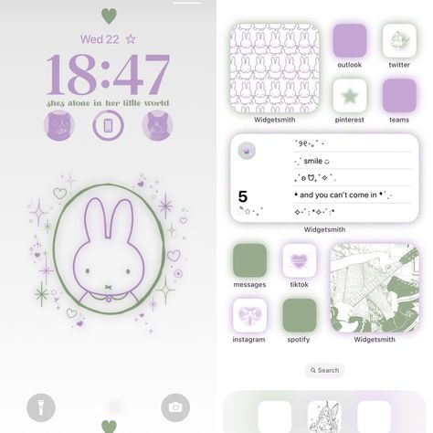 purple + green homescreen Purple And Green Lockscreen, Light Purple Homescreen Layout, Purple Themed Homescreen, Cute Phone Themes Purple, Purple And Green Phone Theme, Aesthetic Green Cartoon, Lavender Phone Theme, Phone Theme Ideas Purple, Purple Home Screen Layout