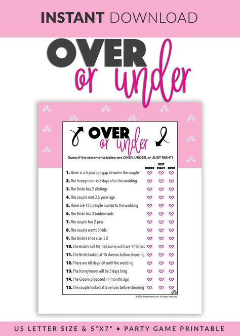 Excited to share this item from my #etsy shop: Over or Under Quiz | Printable Over or Under Game | Bridal Shower Game | Bridal Shower Ideas | PDF Instant Download #bridalshower #wedding #partygames Bach Games, Avon Games, Bachelorette Party Games Funny, Childrens Party Games, Fourth Of July Crafts For Kids, Bachelorette Decor, Newlywed Game, Booming Business, Bride Game