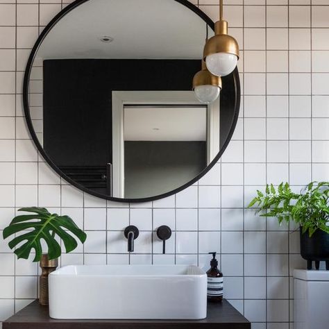 Square Tile Bathroom, Scandi Bathroom, White Square Tiles, Monochrome Bathroom, Loft Bathroom, Square Tiles, White Bathroom Tiles, Modern Bathroom Lighting, Downstairs Bathroom