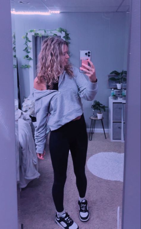 Early summer nights fit > 🤍black lulu leggings 🤍black H&M tank 🤍TJ quarter zip 🤍And1s (Dunks dupe lol) Leggings With Dunks Outfit, Black Lulu Leggings Outfit, Dunks Outfit Leggings, Dunks With Leggings, Black Lulu Leggings, Quarter Zip Outfit, Dunks Outfits, Dunk Outfit, Dunks Outfit