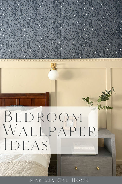 Bedroom with blue floral wallpaper, beige wainscoting, gold wall sconce, blue nightstand, wood bed frame Wallpaper With Board And Batten Bedroom, Bedrooms With Wallpaper Accent Wall, Wallpaper And Wainscoting, Darker Wallpaper, Board And Batten Wainscoting, Bedroom Wallpaper Accent Wall, Black Floral Wallpaper, Bedroom Wallpaper Ideas, Blue Floral Wallpaper