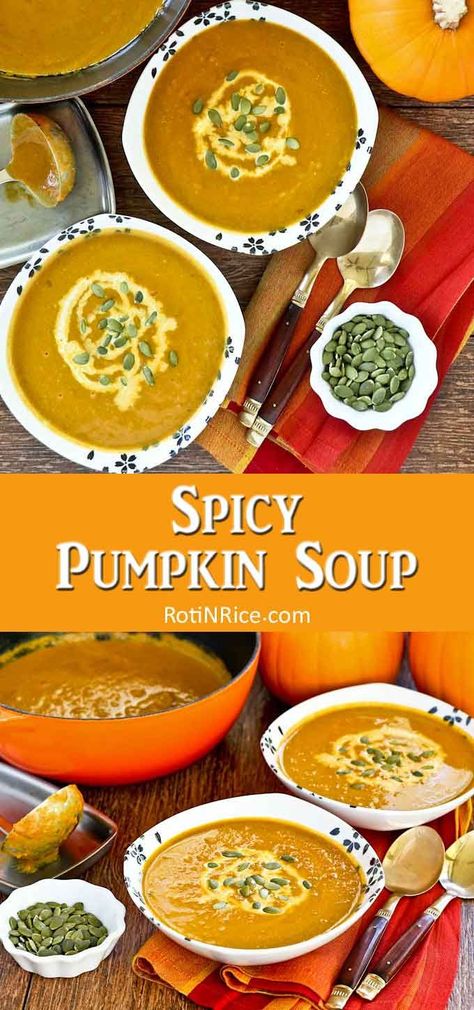 Quick and easy Spicy Pumpkin Soup in 20 minutes. Fresh ginger, curry powder, and ground cinnamon make this soup deliciously warm and comforting. | RotinRice.com #pumpkinsoup #pumpkin #fallrecipes #autumnrecipes Spicy Pumpkin Soup Recipe, Pumpkin And Ginger Soup, Spicy Soup Recipes, Pumpkin Curry Soup, Spicy Pumpkin Soup, Curry Soup Recipes, Soup Pumpkin, Spiced Pumpkin Soup, Pumpkin Curry