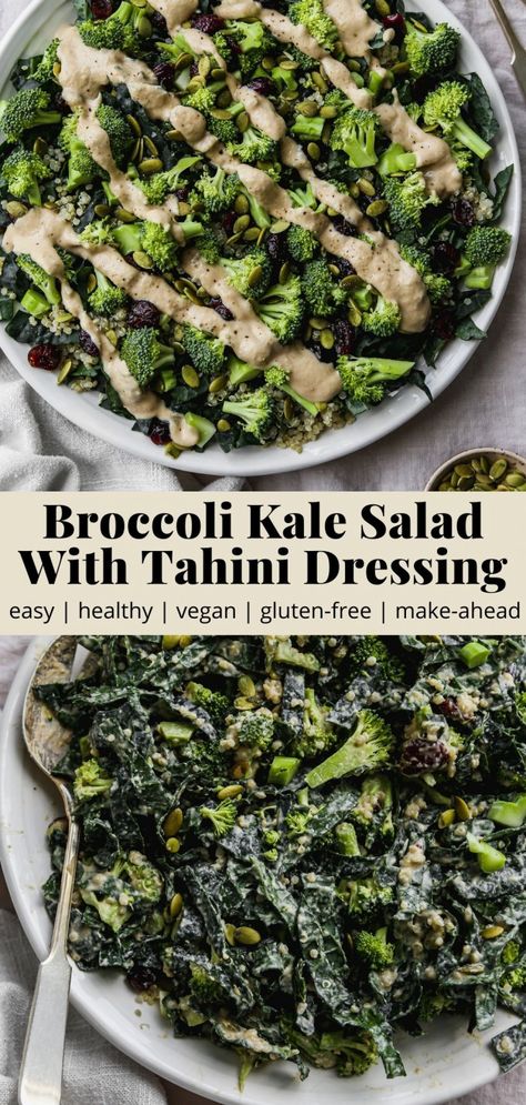 Broccoli Kale Salad, Walder Wellness, Salad With Tahini Dressing, Tahini Salad Dressing, Winter Salad Recipes, Healthy Broccoli, Protein Recipe, Kale Salad Recipes, Crunchy Salad