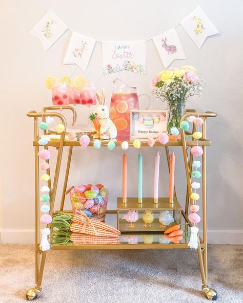 Amber LoMele Matney’s Instagram photo: “Happy April! 🌸 Easter is right around the corner, and you didn’t think I’d let a holiday pass without a themed bar cart, did you? 🐰 This…” Easter Bar Cart, Bar Themes, Easter Bars, Easter Candy Bar, Bar Cart Inspo, Easter Drink, Bunny Fabric, April Easter, Cart Ideas