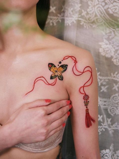 Watercolor Tattoo Back Of Neck, Ac Tattoo, Omamori Tattoo, Magical Butterfly, Charm Tattoo, Fan Tattoo, Asian Tattoos, Red Tattoos, Dainty Tattoos