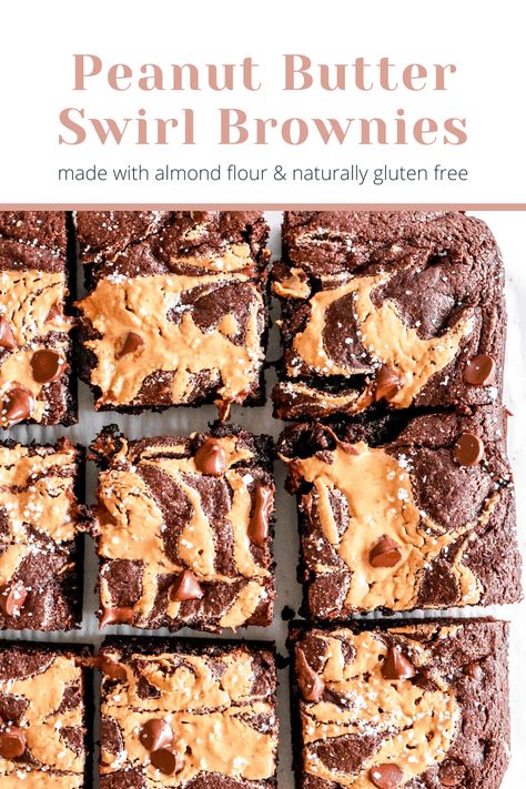 chocolate peanut butter swirl brownies cut in squares on white background pinterest image Using Almond Flour, Brownies Gluten Free, Almond Flour Brownies, Peanut Butter Swirl Brownies, Butter Brownies, Swirl Brownies, Healthier Desserts, Gluten Free Peanut Butter, Pine Nut