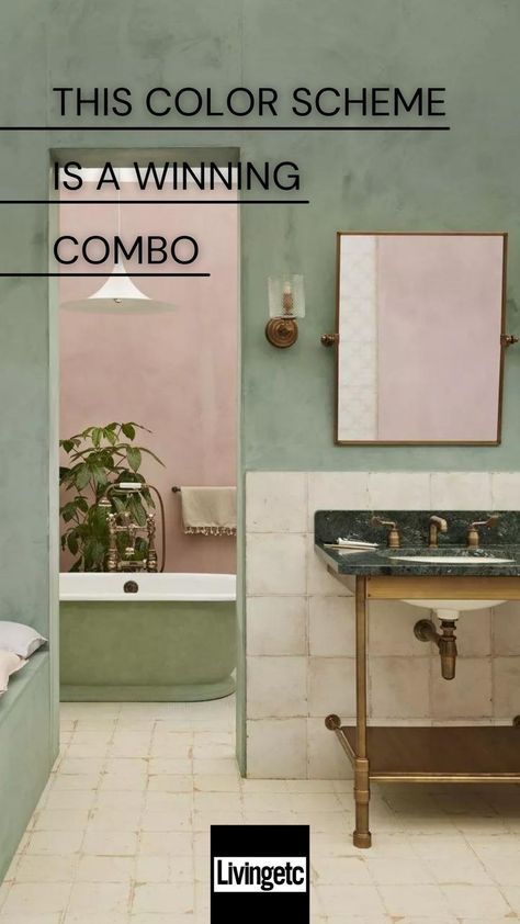 In terms of colors that go with green, we are of the opinion that pink and green should always be seen, so use this complementary color coupling to create chic decorating schemes. #bathroomdesign #greencolorscheme #bathroominspo Pink And Green Bathroom, Green Bathroom Ideas, Green Color Schemes, Bathroom Suite, Different Shades Of Green, Tropical Wallpaper, One With Nature, Green Hues, Bathroom Inspo