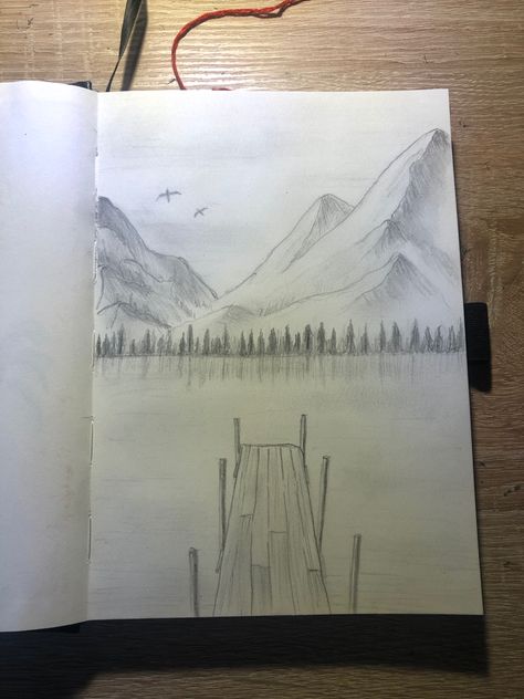 Alaska Drawing Easy, Simple Nature Scene Drawing, Waterfall Drawings Easy, Drawing Ideas Outdoors, Lake Sketch Pencil, Lake Pencil Drawing, Lake Ideje Za Crtanje, Scenic Drawings Easy, Mountain And Lake Drawing