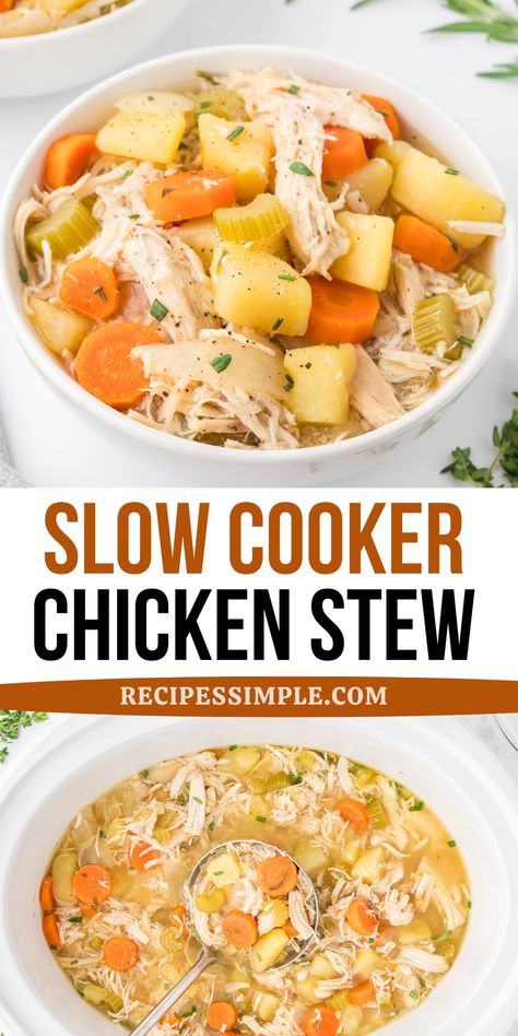 This delicious and hearty Slow Cooker Chicken Stew combines juicy chicken with a mix of hearty vegetables in a rich, flavorful broth. Easy chicken slow chicken cooker recipe! Healthy Chicken Stew Crockpot, Chicken Stew Recipe Crockpot, Chicken Stew Crockpot, Chicken Thigh Stew, Crockpot Chicken Stew, Slow Cooker Chicken Stew, Chicken Stew Recipe, Chicken Cooker, Chicken Crockpot Recipes Healthy