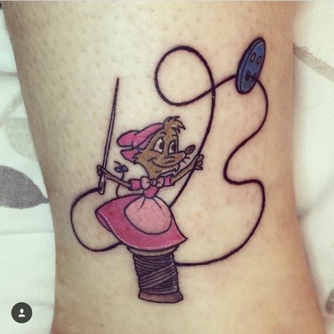 Disney Cinderella Mouse Sewing tattoo Cinderella Mouse Tattoo, Cinderella Sewing Mice, Cinderella Mice Tattoo, Cinderella Tattoo Sleeve, Disney Cinderella Tattoo, Gus Gus Tattoo, Disney Tattoos Cinderella, Cinderella Tattoo Ideas, Cinderella Tattoos