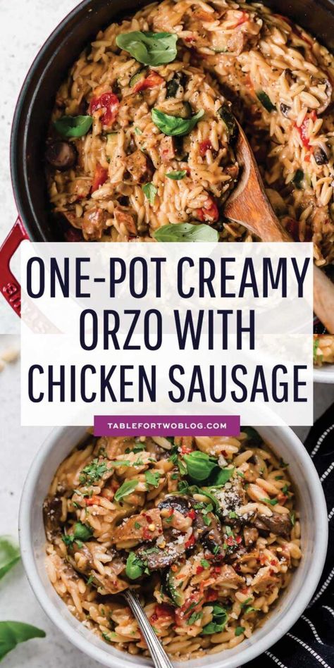 One-Pot Creamy Orzo with Chicken Sausage - Table for Two® by Julie Wampler Orzo With Chicken, Sausage Crockpot Recipes, Chicken Sausage Recipes, Creamy Orzo, Sausage Crockpot, Italian Chicken Sausage, Sausage Dishes, Orzo Recipes, One Pan Chicken