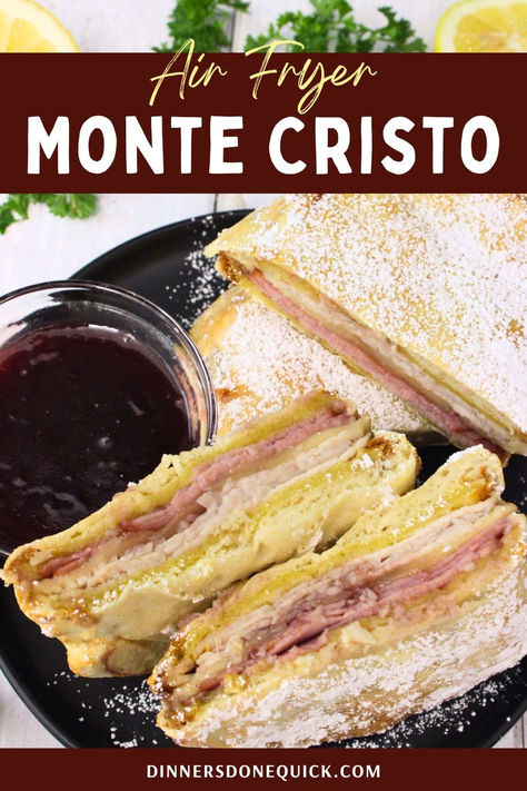 Recreate the magic of Disneyland at home with our copycat Air Fryer Monte Cristo sandwich recipe! This delicious dish combines ham, turkey, and Swiss cheese, all perfectly fried in an air fryer. Topped with powdered sugar and served with a side of jam, it's a perfect blend of sweet and savory flavors. Ideal for breakfast, brunch, or a quick dinner. Click through for the full recipe and insider tips to make this iconic Disneyland treat in your own kitchen! Monte Cristo Sandwich Air Fryer, Air Fryer Monte Cristo Sandwich, Monte Cristo Sandwich Recipe, Taco Bell Crunchwrap Supreme, Brunch Celebration, Monte Cristo Sandwich, School Dinners, Restaurant Dishes, Copycat Restaurant Recipes