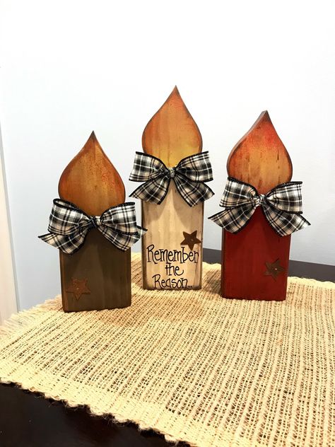 Excited to share the latest addition to my #etsy shop: Wooden candle trio. Jesus is the reason. Wood candles. Christmas shelf sitters. Window sill decor. Modern Prims. Christmas wood. Winter wood Vintage Christmas Wood Crafts, Christmas Shelf Sitters Diy, Primitive Wood Crafts Country Decor, Christmas Crafts With Wood, Christmas Wood Block Crafts, Diy Wood Gifts, Wood Shelf Sitters, Christmas Shelf Sitters, Christmas Wood Decor