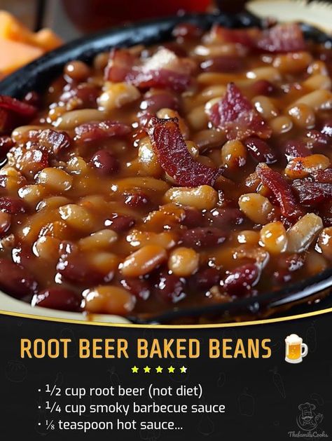 Easy and tasty recipes | Root Beer Baked Beans 🍺 | Facebook Rootbeer Baked Beans Recipe, Rootbeer Baked Beans, Root Beer Baked Beans, Beans Baked, Cold Side Dishes, Baked Beans Recipe, Bbq Side Dishes, Cold Side, Baked Bean Recipes