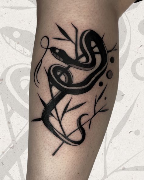 Leg tattoo of a snake on a branch by Marco Gruschwitz #tattoo# snake #branch #legtattoo #leg #blackwork #traditional #dots #black Blackwork Snake Tattoo, Snake On A Branch, Tattoo Snake, Leg Tattoo, Snake Tattoo, A Snake, Leg Tattoos, Blackwork, Dots