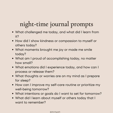 Unwind and reflect with these night time journal prompts! Perfect for cozying up before bed and letting your thoughts flow. Explore topics like gratitude, self-discovery, and goal-setting as you wind down for the night. Grab your favorite journal and pen, and get ready to dive deep into your innermost thoughts. #journalprompts #nighttime #selfreflection Night Time Reflection Journal, Night Time Prompts, Daily Journal Prompts Night Time, Before Bed Journal Prompts, Journal Prompts Before Bed, Nightly Journal Prompts, Night Gratitude Journal, Bujo Prompts, Night Time Journal Prompts