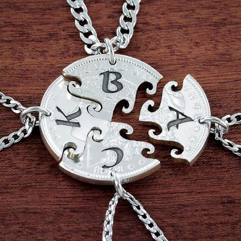 Friendship Necklaces For 4, Swirly Pattern, 4 Best Friends, Friends Jewelry, Silver Dollar Coin, Bff Jewelry, Custom Initial Necklace, Initial Necklaces, Handmade Pendant Necklace